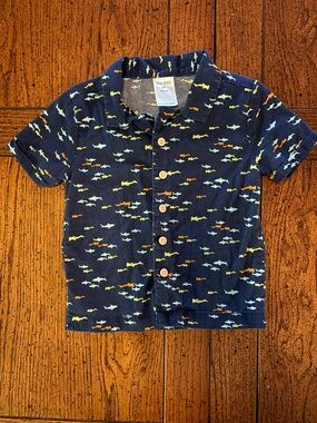 Toddler Boy Button-Up Collared Shirt Dark Blue with Sharks, 2T, Summer/Spring